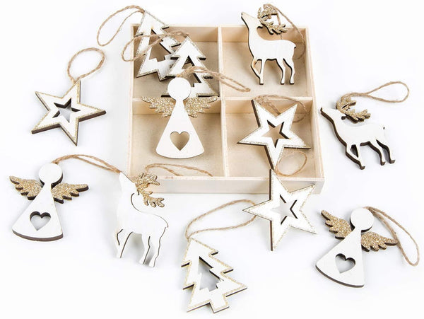 Weihnachtsdeko Set 24 Metallanhänger gold glitzernd Engel + Hirsch 5 cm