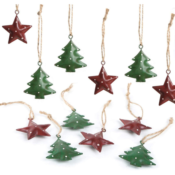 12 kleine Weihnachtsanhänger Sterne + Bäume in rot & grün - 5 cm - Foto 1