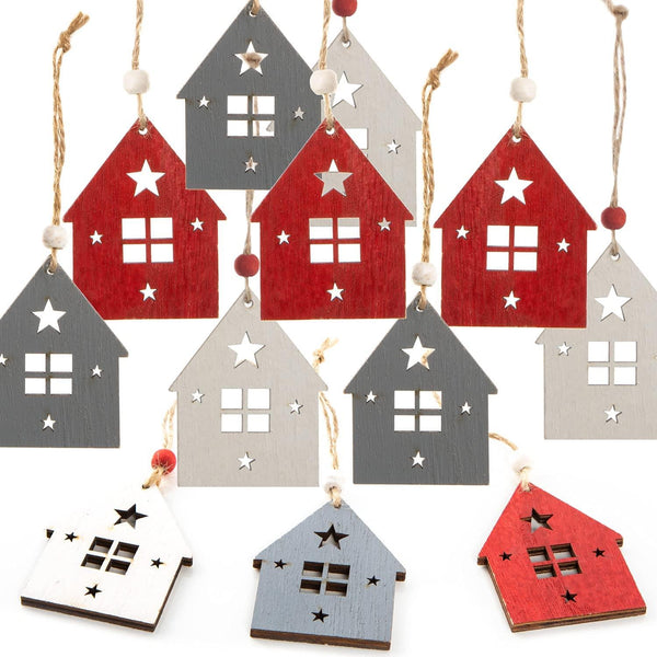 12 kleine Häuser Anhänger aus Holz - weihnachtliche Holzhäuser hängend - Foto 1