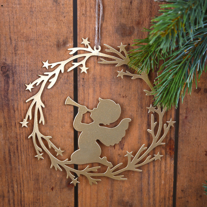 Großer Weihnachtsanhänger Kranz mit Engel 15 cm Metall Gold - Foto 3