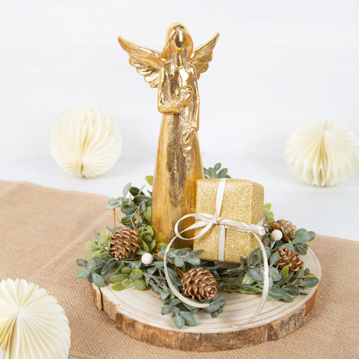 Kerzenhalter für Stabkerzen mit Kranz & Dekoschale Gold 42 cm