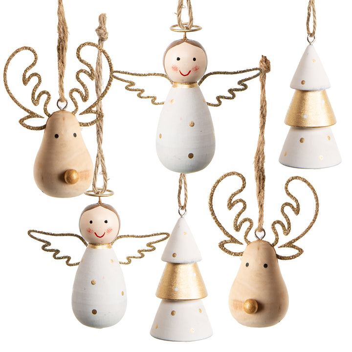 6 Weihnachtsbaumanhänger aus Holz flach rosa weiß Ø 6,5 cm