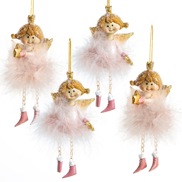 4 Glücksschweinchen weiß rosa mit Federn Glücksbringer 7 cm