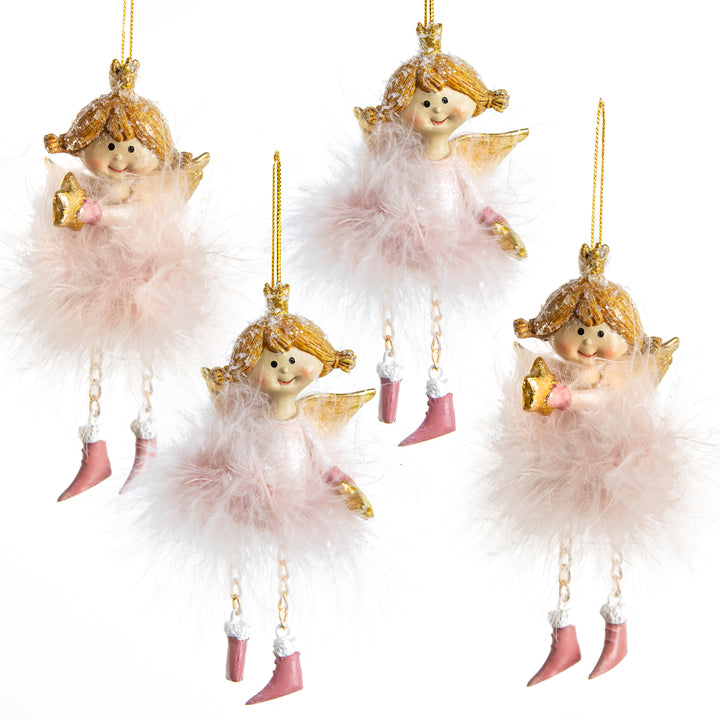 4 Glücksschweinchen weiß rosa mit Federn Glücksbringer 7 cm