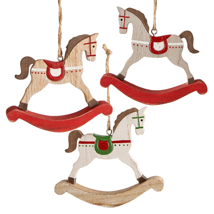 9 Schaukelpferde - Weihnachtsbaum Anhänger grau braun Natur  6,5 cm