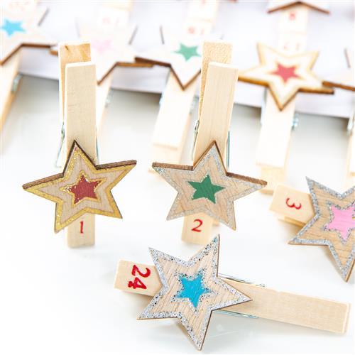 24 Stück kleine grau weiß natur Holzsterne Sterne Holz-klammer Deko-Klammer Zier-Klammer Weihnachten Weihnachts-Deko 6 cm Wäscheklammern Clips weihnachtliche Verpackung Geschenk - Foto 1