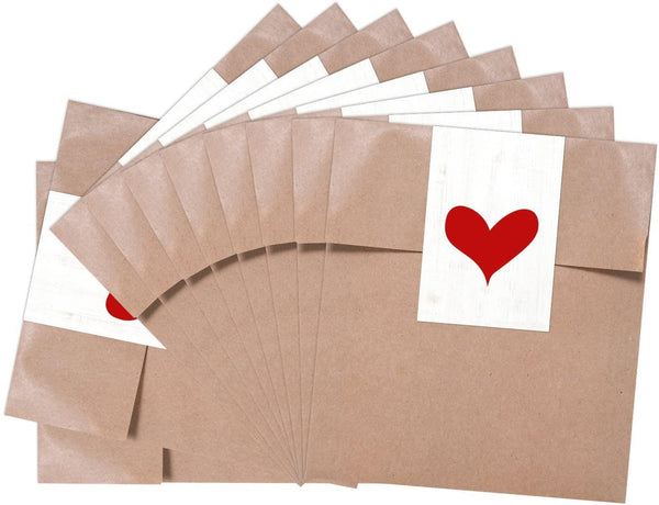 Geschenktüten-Set: 24 braune Papiertüten Tütchen 10,5 x 15 + 2 cm Lasche + 24 Stück Aufkleber 4 cm DANKE 1825 - mit Herzen in beige, blau, rot