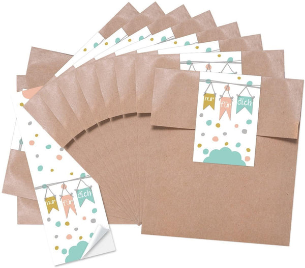 10 kleine braune Papiertüten Tütchen 13 x 18 + 2 cm Lasche mit Aufkleber PFERD in rosa pink - ideal um kleinen und grossen Pferde-Fans Geschenktüten Partytüten Mädchen Kinder-Geburtstag