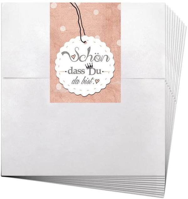 10 weiße Gast-Geschenk Verpackung 13 x 18 + 2 cm Lasche Papiertüten Tütchen + Aufkleber Sticker PFERD in rosa pink für Reiter Geschenktüten zum Kinder-Geburtstag Geschenkbeutel