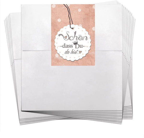 25 weiße Gast-Geschenk Verpackung 13 x 18 + 2 cm Lasche Papiertüten + mit Aufkleber SCHÖN DASS DU DA BIST in blau mit Anker maritim Geschenktüten Geburtstag Hochzeit Veranstaltung