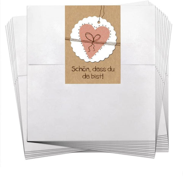 10 kleine weiße Geschenktüten Papiertüten Verpackung für Geschenke 13 x 18 + 2 cm Lasche inkl. Aufkleber SCHÖN DASS DU DA BIST Krone rosa, grau, weiß gepunktet shabby chic look