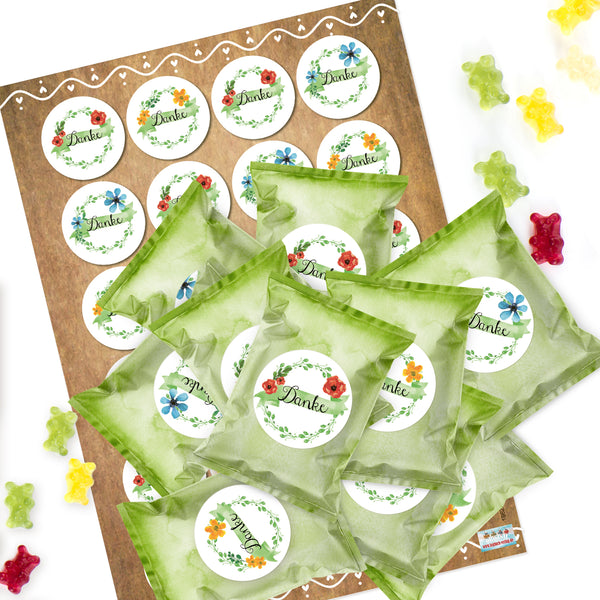 24 kleine Mini Geschenke zum Essen GUMMIBÄRCHEN mit Danke Stickern grün - Foto 1