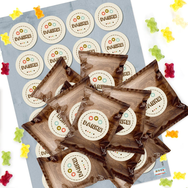 24 kleine Gummibärchen Dankesgeschenke mit Aufkleber DANKE braun natur beige - Foto 1