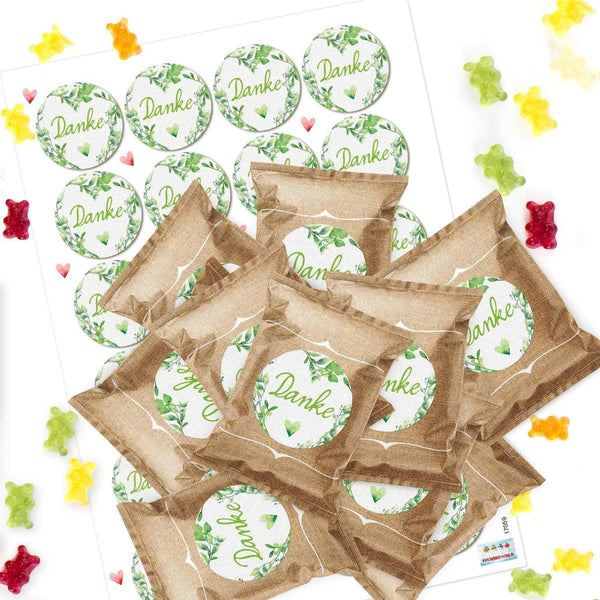 24 kleine Fruchtgummi Tütchen mit DANKE Aufklebern grün floral - Dankeschön Geschenk - Foto 1