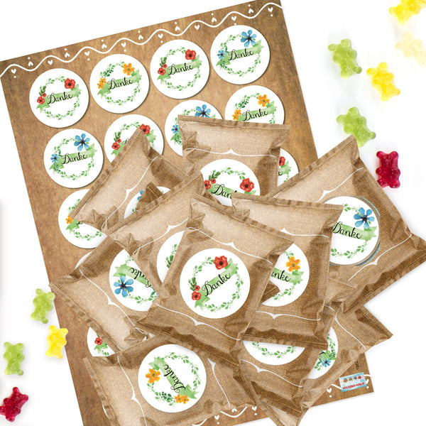 24 Gastgeschenke - Gummibärchen Tütchen mit DANKE Aufklebern in weiß blau grün - Foto 1