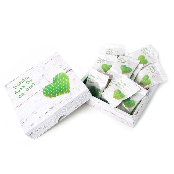 5 Geschenkkarton SCHÖN DASS DU DA BIST Herz grün weiß gepunktet MIT 25 mini-Tüten Gummibärchen Fruchtgummi Füllung Inhalt als Gastgeschenk Mitgebsel give-away Kunden Gäste - Foto 1