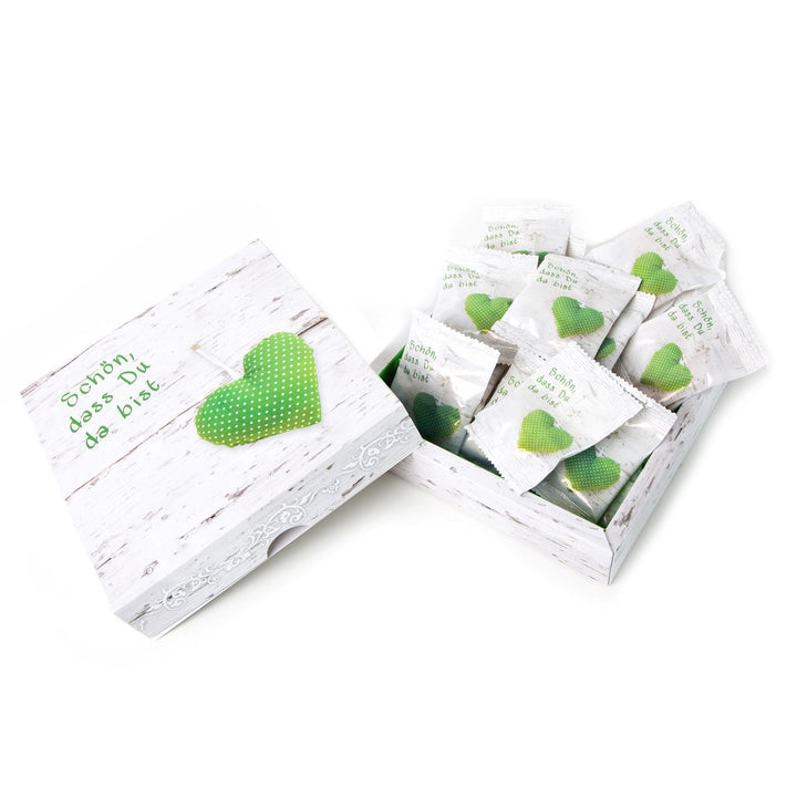 5 Geschenkkarton SCHÖN DASS DU DA BIST Herz grün weiß gepunktet MIT 25 mini-Tüten Gummibärchen Fruchtgummi Füllung Inhalt als Gastgeschenk Mitgebsel give-away Kunden Gäste - Foto 1