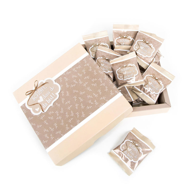 5 Geschenkkarton SCHÖN DASS DU DA BIST Herz beige creme-farben weiß hell-braun natur MIT 25 mini-Tüten Gummibärchen Fruchtgummi Füllung Inhalt als Gastgeschenk Mitgebsel give-away Kunden Gäste - Foto 1