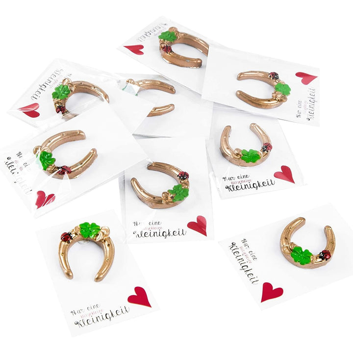 Glücksbringer-Set mit Mini-Hufeisen, Kleeblatt & Marienkäfer – inkl. Karte mit Herz – einzeln verpackt – Gastgeschenk für Neujahr, Geburtstag & Feier - Foto 2