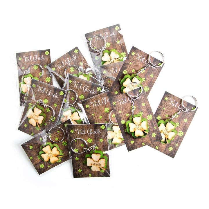 Kleine Mitgebsel - Viel Glück Karten in Holzoptik + Holz Kleeblatt Schlüsselanhänger - Foto 1