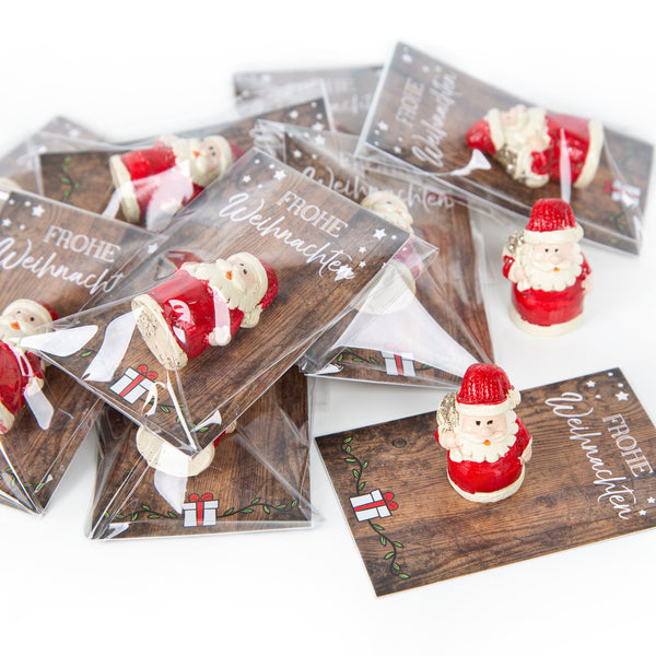 Mini Weihnachtsgeschenke - rot weiße Nikolaus Figuren + rustikale Frohe Weihnachten Kärtchen