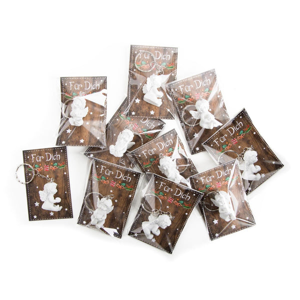 Kleine weiße Schlüsselanhänger Engel + Karte in Holzoptik Für Dich - Mini Geschenk