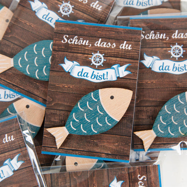 Kleine Gastgeschenke Holzfisch mit Karte "Schön, dass du da bist"