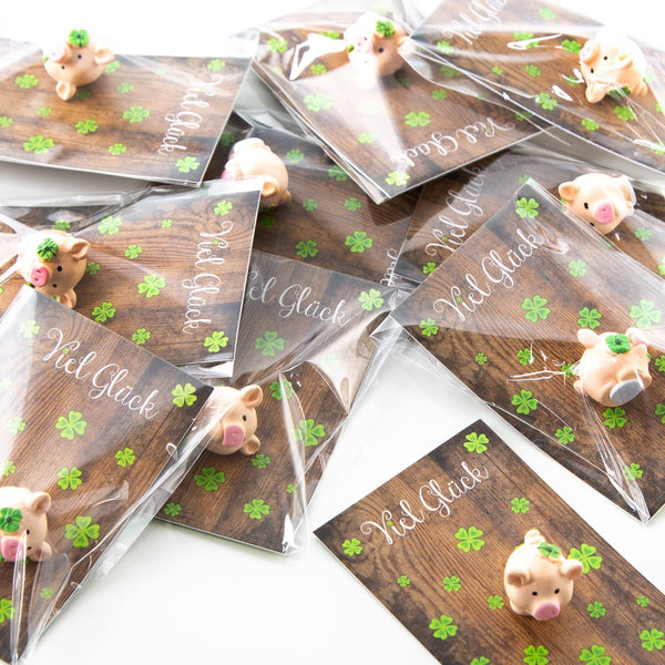 5 kleine Glücksschweinchen Gastgeschenke mit Karte VIEL GLÜCK - Glücksbringer Glücksschwein Give-Away Silvester Neujahr - Foto 1