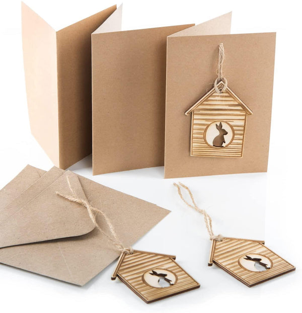 4 Osterkarten mit Osteranhänger 4 Motive aus Holz - 10,5 x 15 cm