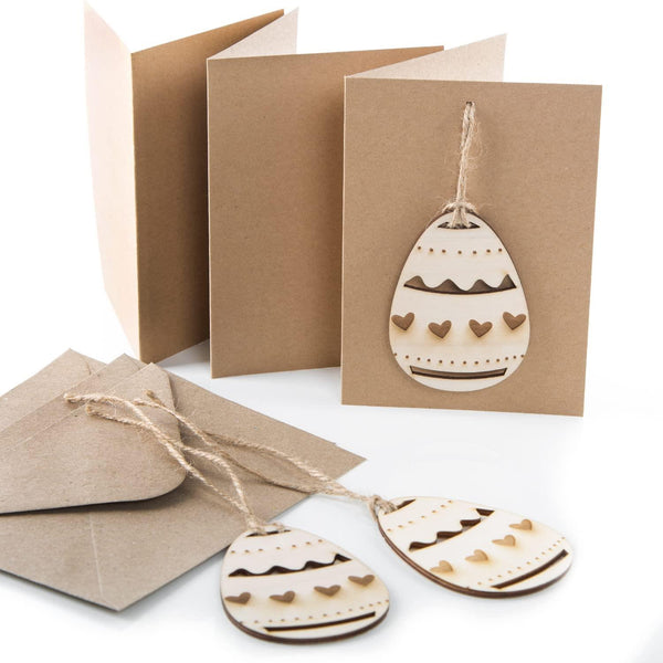 3 Osterkarten braun mit Ostergeschenk aus Holz zum Stecken