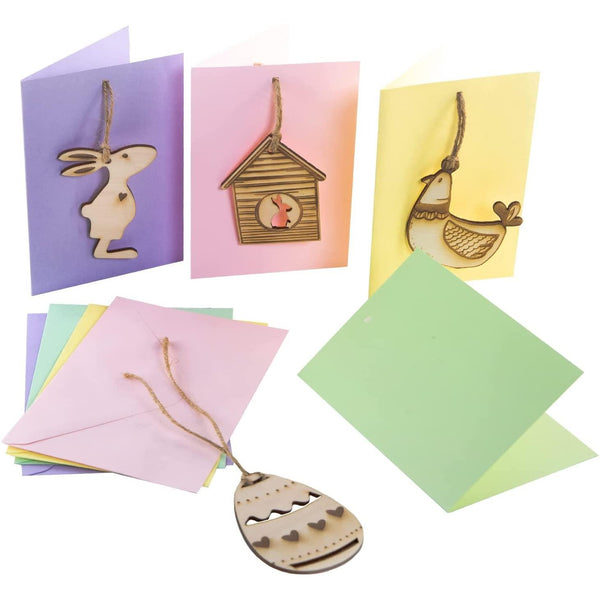 4 Osterkarten in Pastellfarben mit Ostermotiven aus Holz - ohne Text - Foto 1
