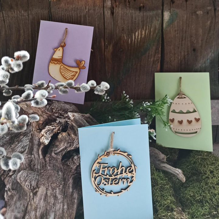 4 Osterkarten in Pastellfarben mit Ostermotiven aus Holz - ohne Text - Foto 2