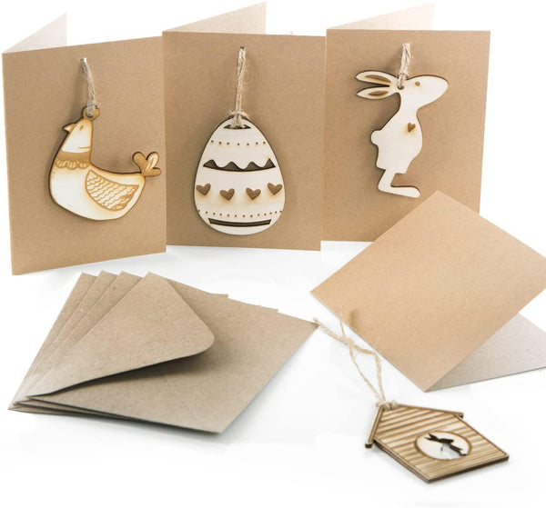 3 Oster Karten mit Osterhase Figur aus Holz zum Stecken