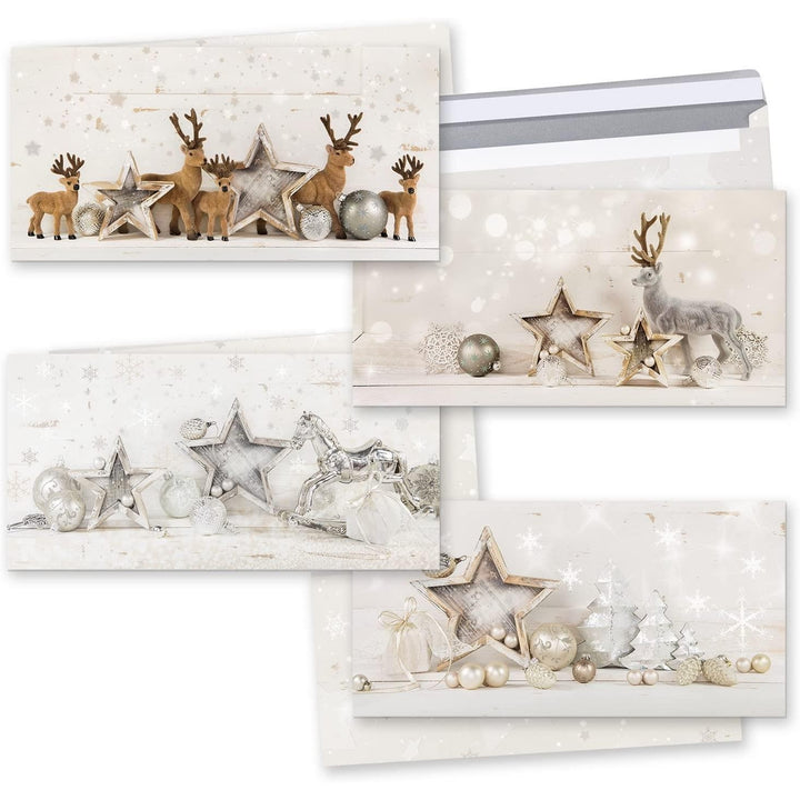 100 Stück Weihnachtskarte weiß braun beige natur 1 HIRSCH RENTIER DIN lang - ohne Text - weihnachtliche Karten Foto-Motiv shabby chic besonders schön MIT KUVERT Klappkarte Doppelkarte