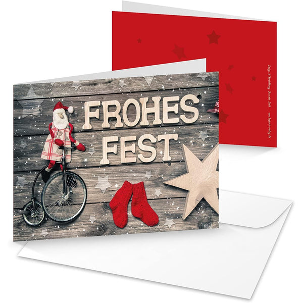 10 Stück Weihnachtskarten rot grau Santa Weihnachtsmann 14,8 x 10,5 cm MIT KUVERT Klappkarte Weihnachten weihnachtlich Doppelkarte Holz-Optik Sterne rustikal - Foto 1