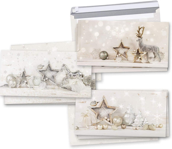 10 Stück Weihnachtskarte weiß beige gold natur Gutschein DIN lang - ohne Text - weihnachtliche Karten Foto-Motiv shabby chic besonders schön MIT KUVERT Klappkarte Doppelkarte