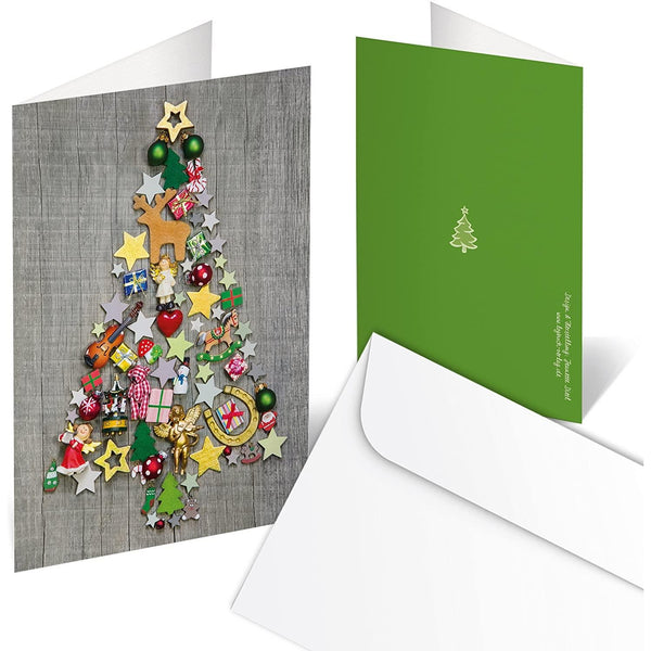 3 Stück Weihnachtskarten GRÜN bunter WEIHNACHTS-BAUM rot natur weihnachtliche Klappkarten MIT KUVERT hochwertig Holz-Optik Grußkarte Doppelkarte Christbaum