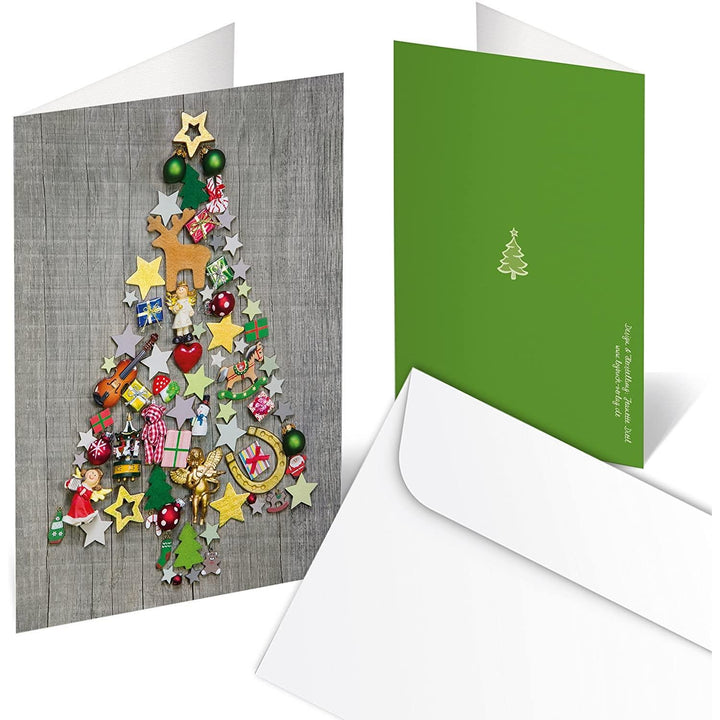 3 Stück Weihnachtskarten GRÜN bunter WEIHNACHTS-BAUM rot natur weihnachtliche Klappkarten MIT KUVERT hochwertig Holz-Optik Grußkarte Doppelkarte Christbaum
