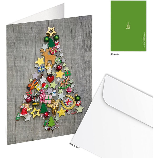 100 Stück Weihnachtskarten GRAU bunter WEIHNACHTS-BAUM rot natur grün weihnachtliche Klappkarten MIT KUVERT hochwertig Holz-Optik Grußkarte Doppelkarte Christbaum