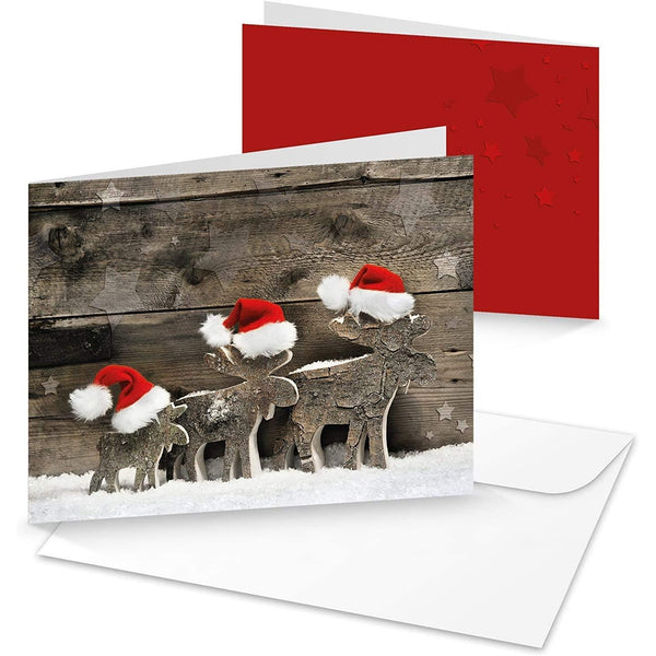 Logbuch-Verlag 100 Weihnachtskarten weiß grau ROTE MÜTZEN Klappkarte Doppelkarte mit Kuvert Karten Weihnachten für Kunden Firmen Mitarbeiter DIN lang