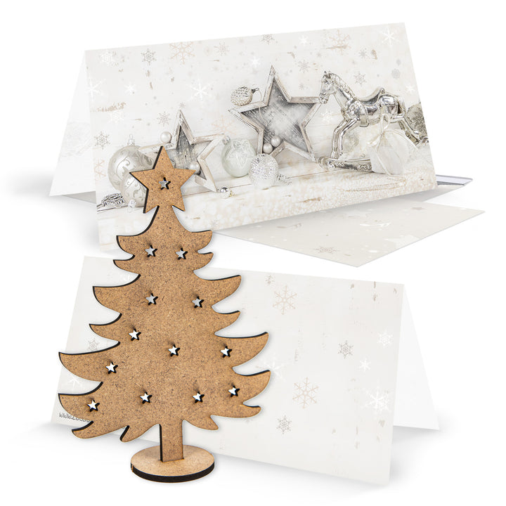 3 Weihnachtskarten silber beige mit Umschlag + kleiner Weihnachtsbaum aus Holz