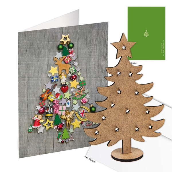 10 Weihnachtskarten rot mit Weihnachtsbaum aus Holz + Kuverts