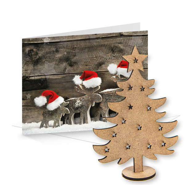 Logbuch-Verlag 3 leere Weihnachtskarten zum Bedrucken & Beschriften DIN A6 + Kuverts + Holzbaum zum Stecken - Weihnachtspost zum Verschicken