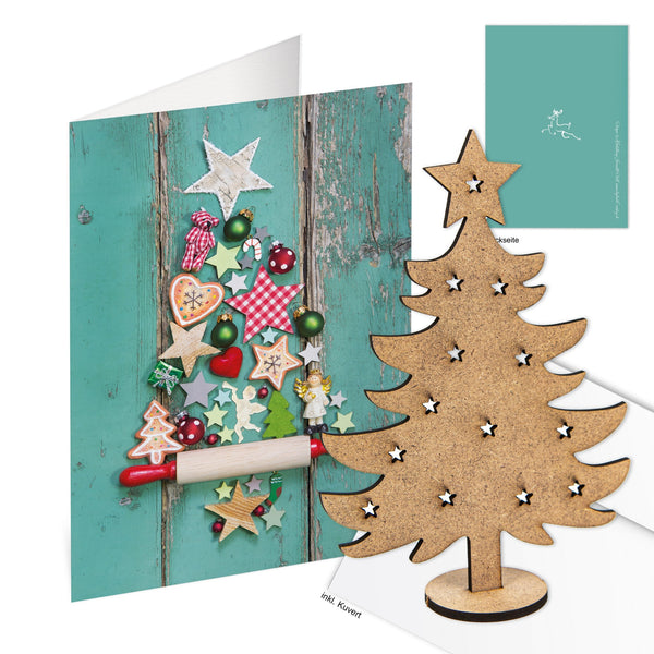 Logbuch-Verlag 10 leere Weihnachtskarten zum Bedrucken & Beschriften DIN A6 + Kuverts + Holzbaum zum Stecken - Weihnachtspost zum Verschicken