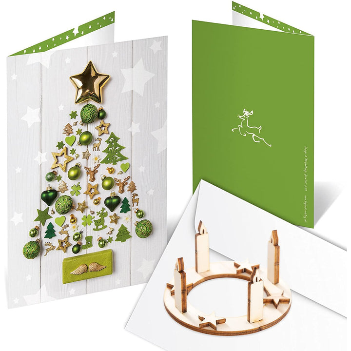 3 Weihnachtskarten mit Kuvert + Mini Adventskranz aus Holz zum Stecken - Grußkarten Geschenk Weihnachten - Foto 1