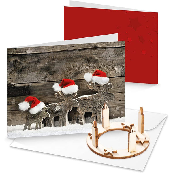 Logbuch-Verlag 3 Weihnachtskarten türkis bunt mit Mini Adventskranz aus Holz + Umschläge - Doppelkarte Weihnachten mit Mini-Geschenk