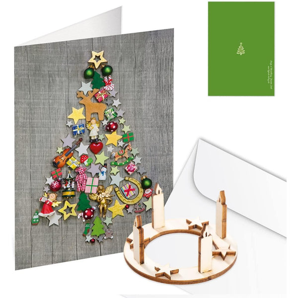 Logbuch-Verlag 3 längliche Weihnachtskarten rot grau weiß mit Nikolausmützen - innen leer - mit Kuverts + Adventskranz Miniatur aus Holz