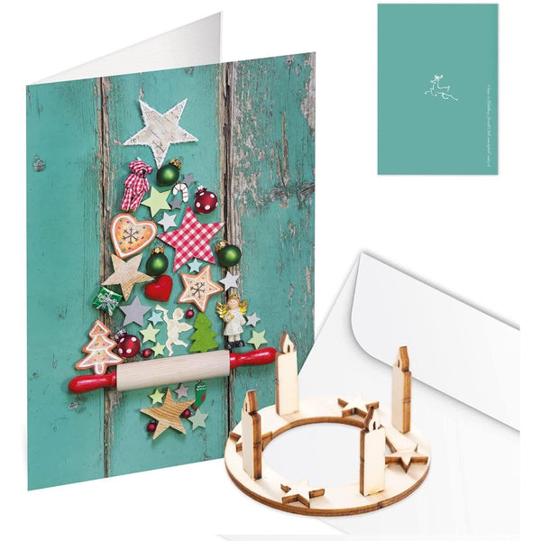 Logbuch-Verlag 3 Weihnachtskarten mit Baum-Motiv rot weiß DIN A6 + Kuverts + Miniatur Adventskranz aus Holz - Geschenkidee Weihnachten