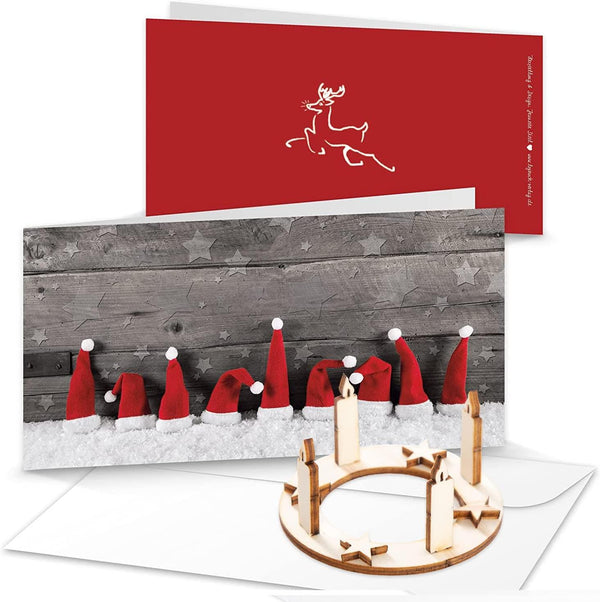 Logbuch-Verlag 10 Weihnachtsgrußkarten mit Mini-Weihnachtsgeschenk aus Holz + Umschläge - Weihnachtskarte Doppelkarte mit Adventskranz Miniatur