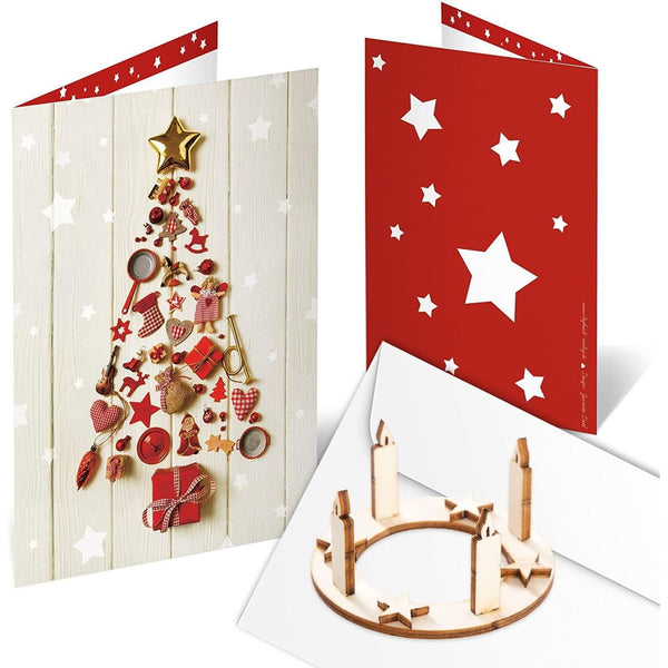 Logbuch-Verlag 10 Karten mit Umschlag DIN A6 türkis blau Weihnachtsbaum-Motiv - Klappkarte Doppelkarte mit Baum aus Holz zum Stecken